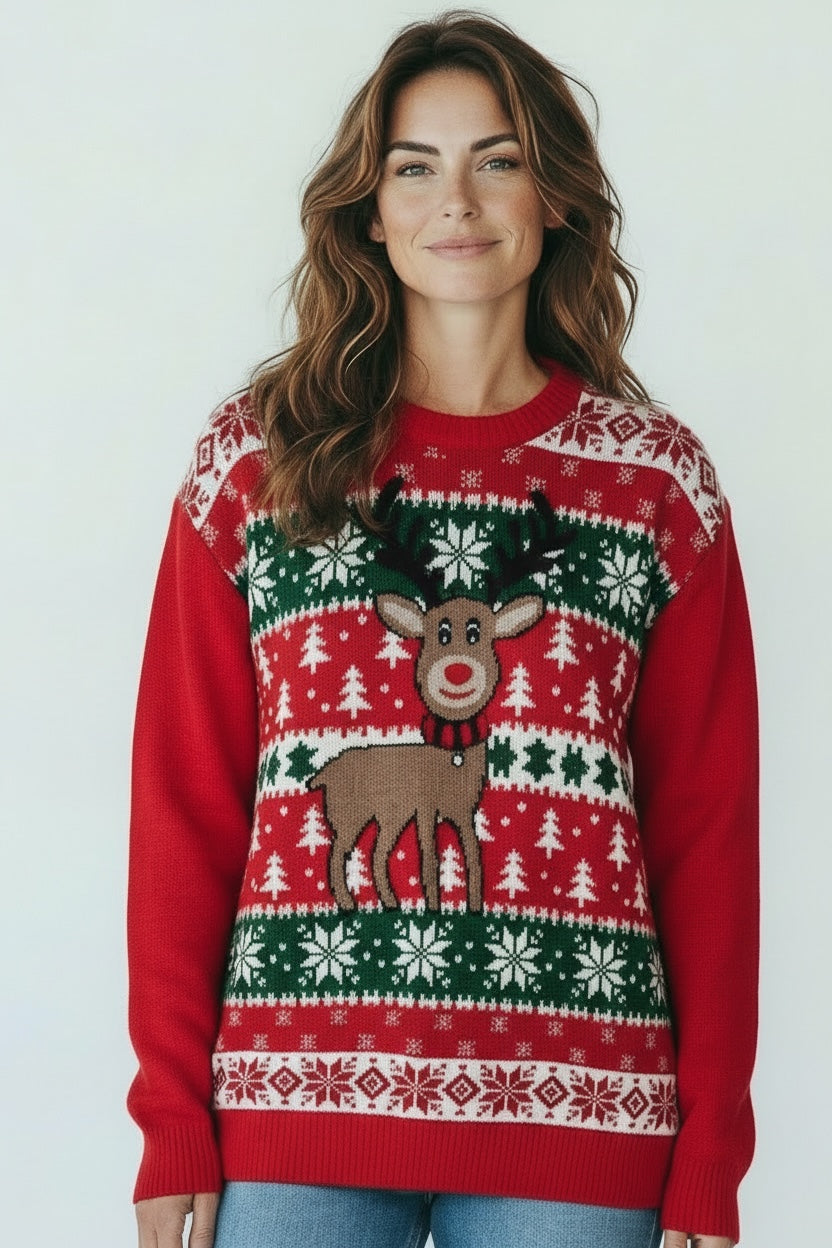 Ugly Sweater / Sueter Navideño Adulto con cenefas nórdicas al frente y reno al centro.