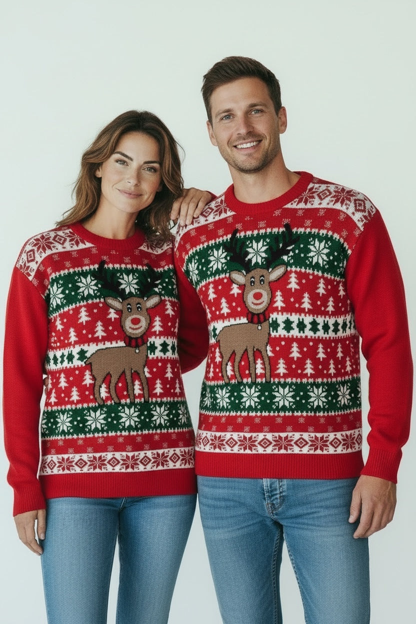 Ugly Sweater / Sueter Navideño Adulto con cenefas nórdicas al frente y reno al centro.
