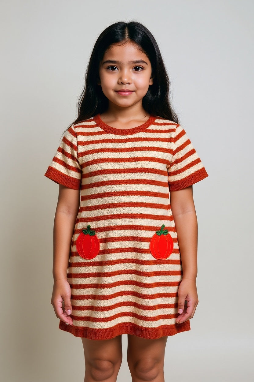 Vestido Halloween a rayas con calabacitas bordadas.