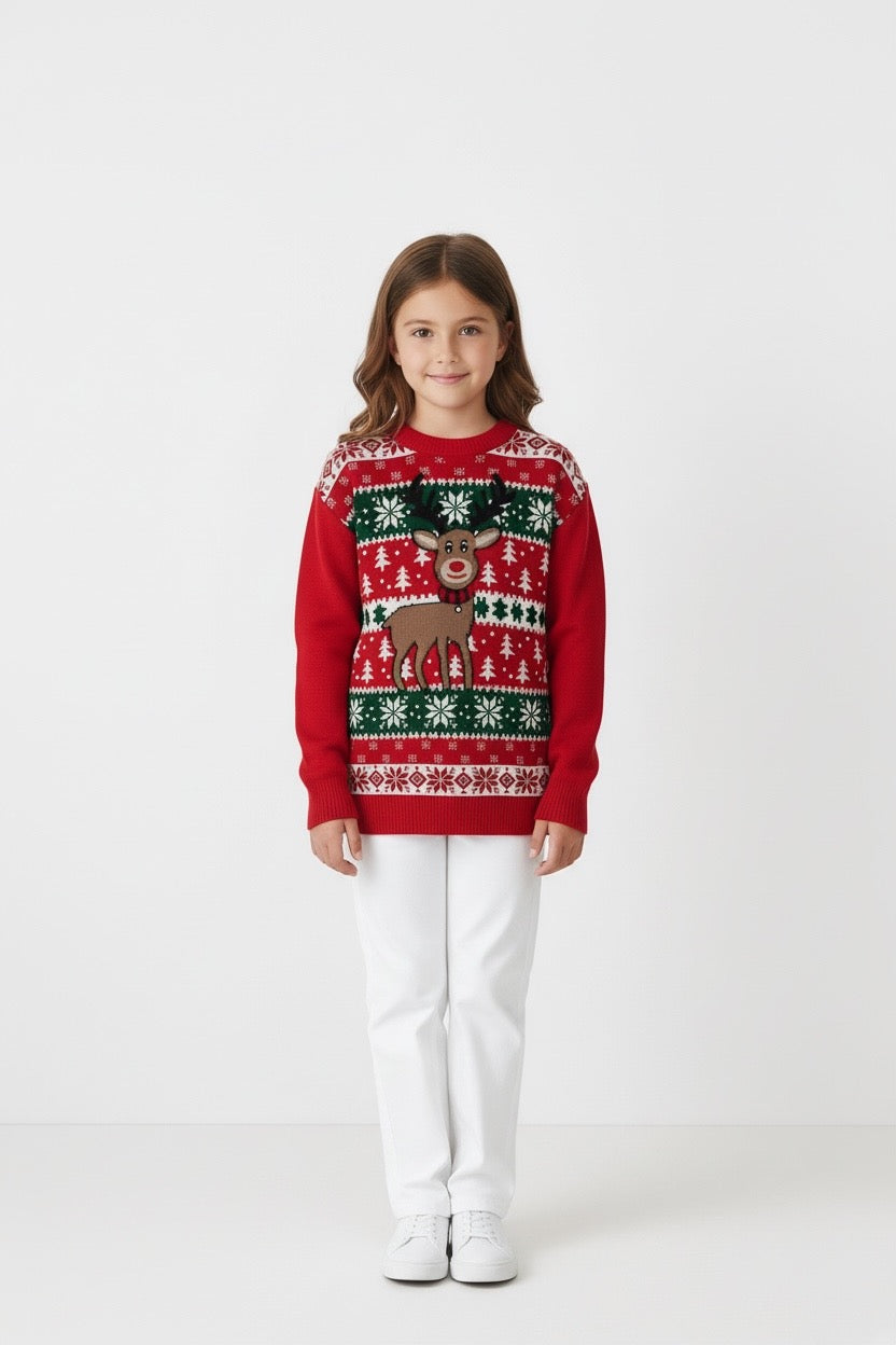 Ugly Sweater / Sueter Navideño Infantil son senefas nórdicas al frente y reno al centro.
