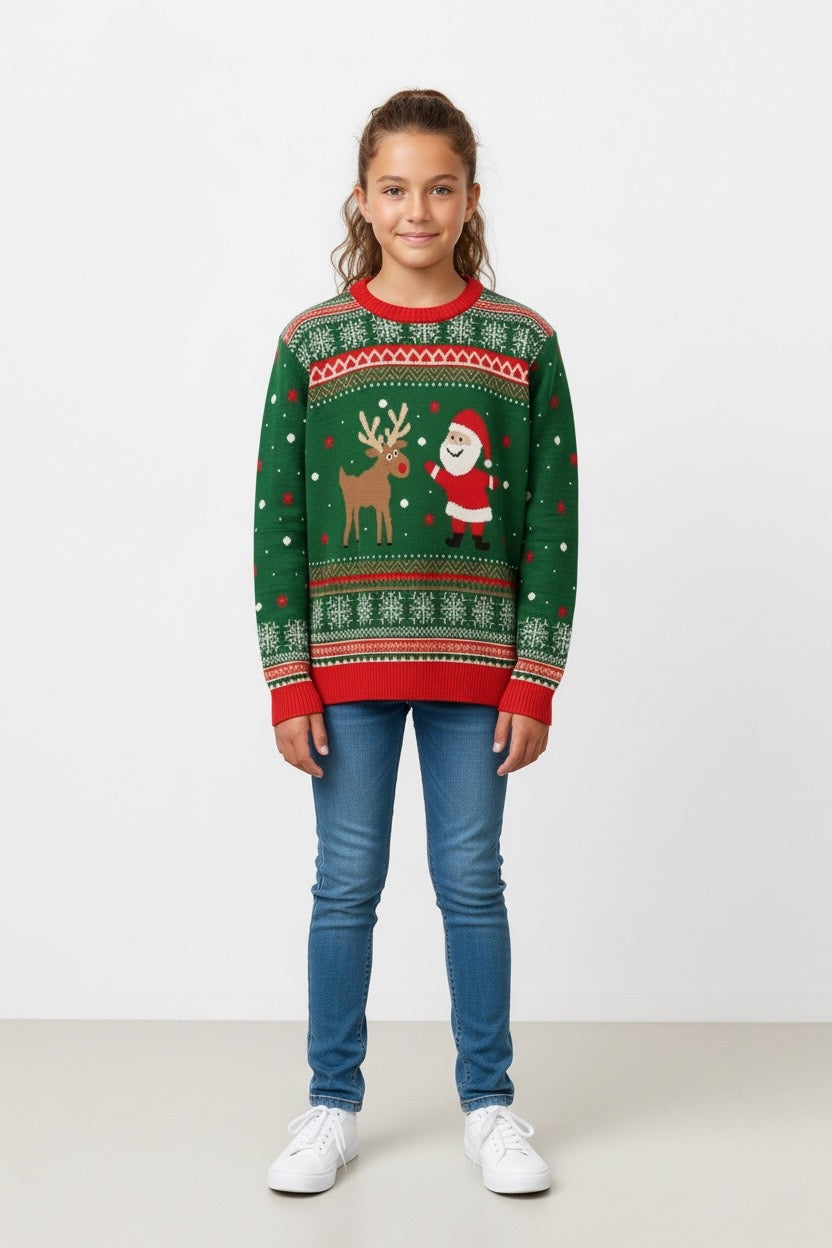 Ugly Sweater / Sueter Navideño Infantil con Santa y Reno al centro.