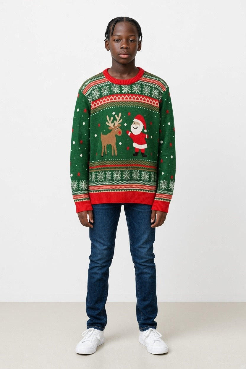 Ugly Sweater / Sueter Navideño Infantil con Santa y Reno al centro.