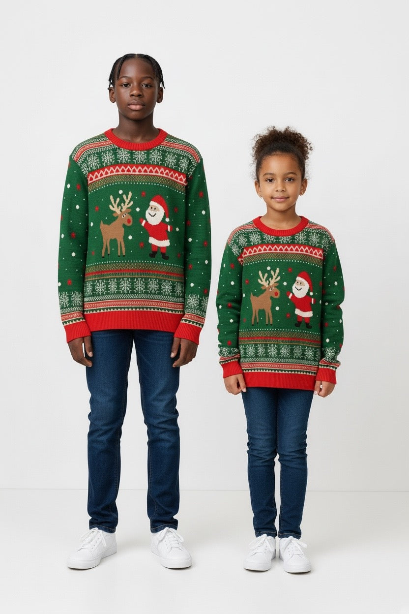 Ugly Sweater / Sueter Navideño Infantil con Santa y Reno al centro.