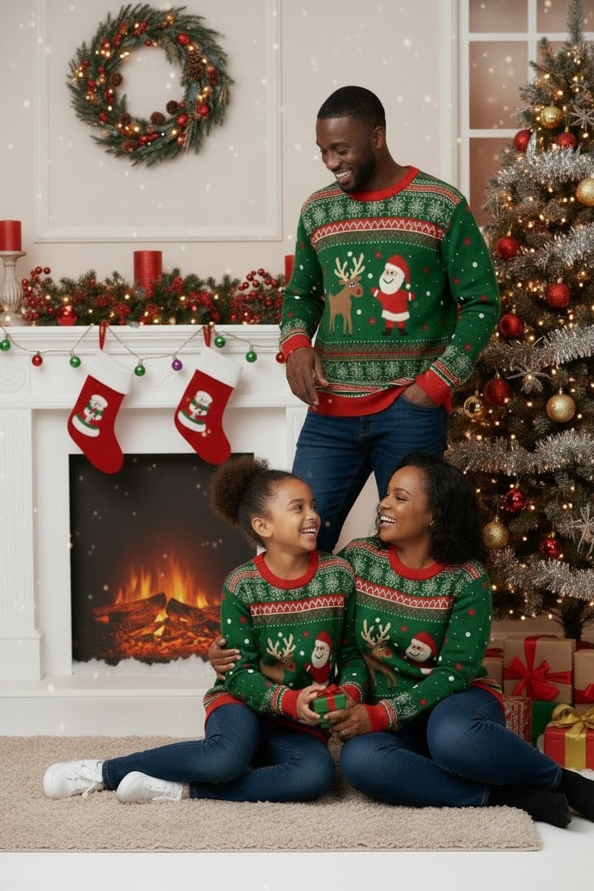 Ugly Sweater / Sueter Navideño Infantil con Santa y Reno al centro.