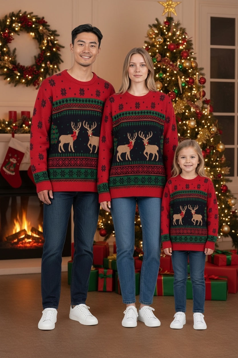 Ugly Sweater / Sueter Navideño Adulto con cenefas nórdicas y renos al centro.