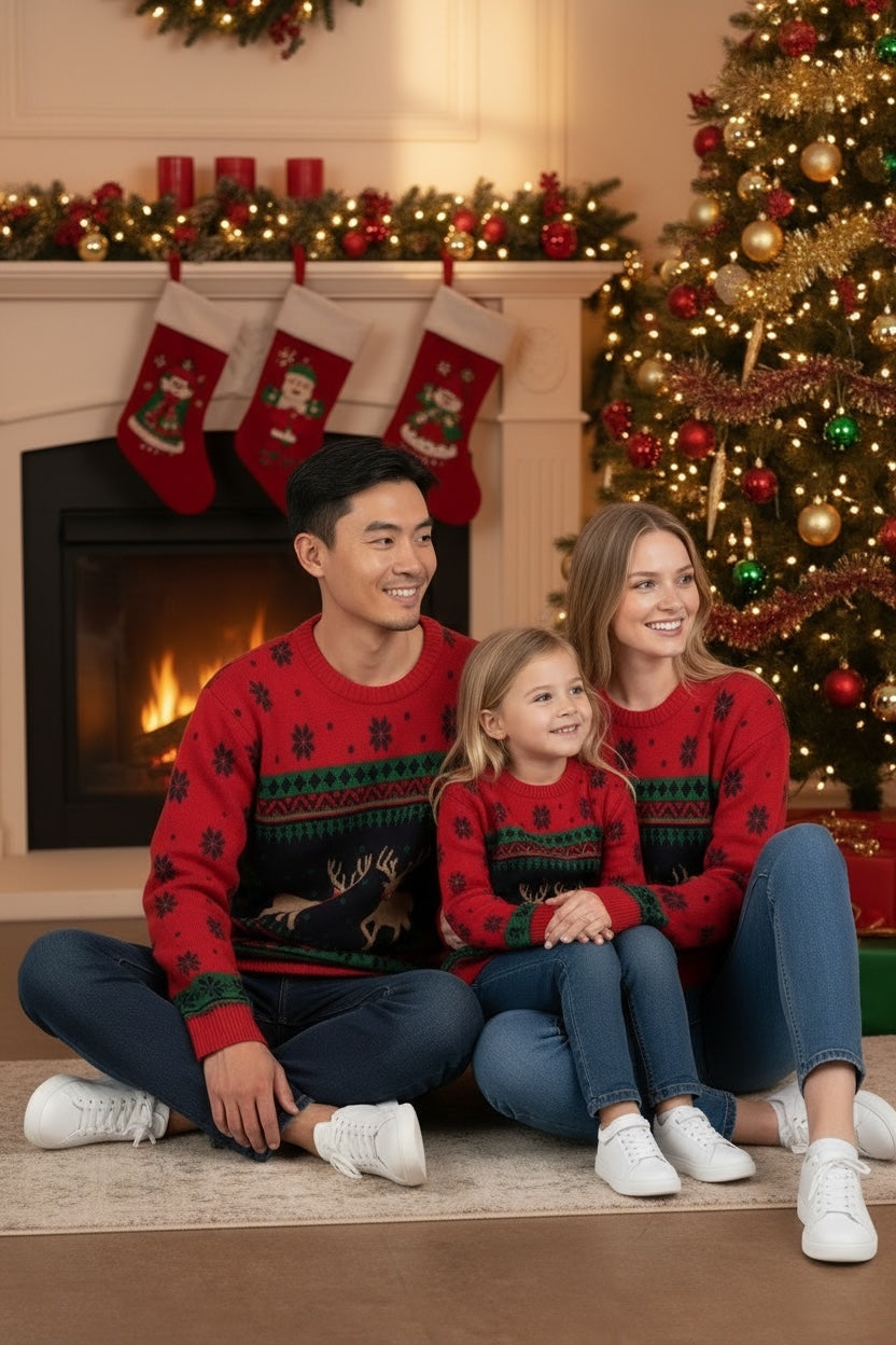 Ugly Sweater / Sueter Navideño Infantil con cenefas nórdicas y renos al centro.