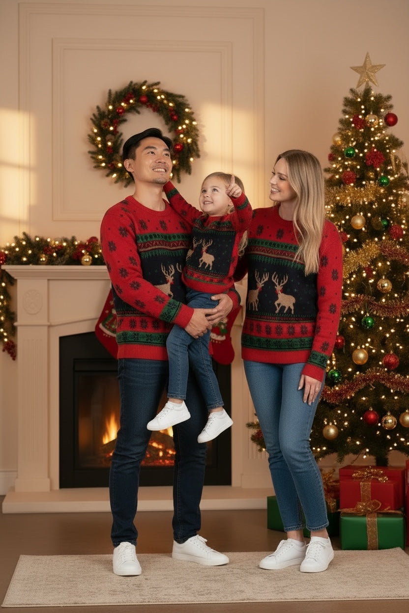Ugly Sweater / Sueter Navideño Infantil con cenefas nórdicas y renos al centro.