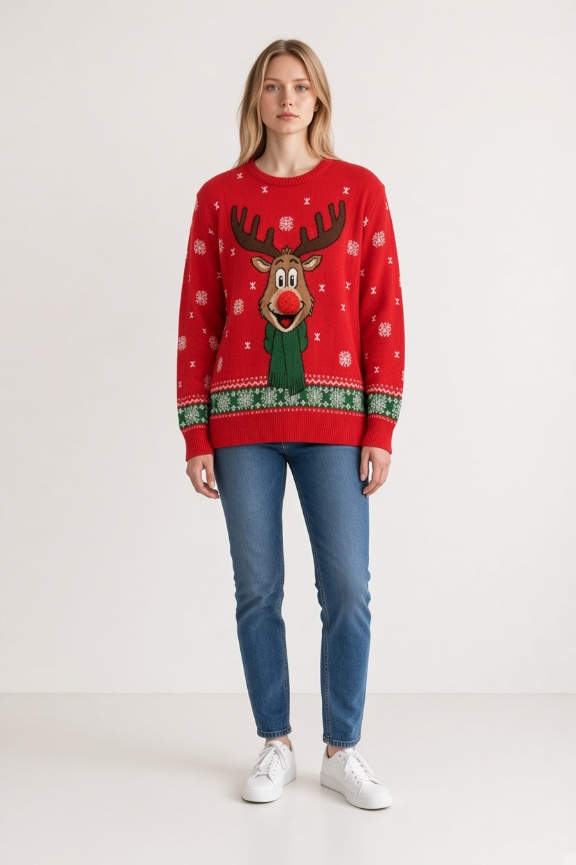 Ugly Sweater / Sueter Navideño Adulto frente con reno con bufanda y pompón.