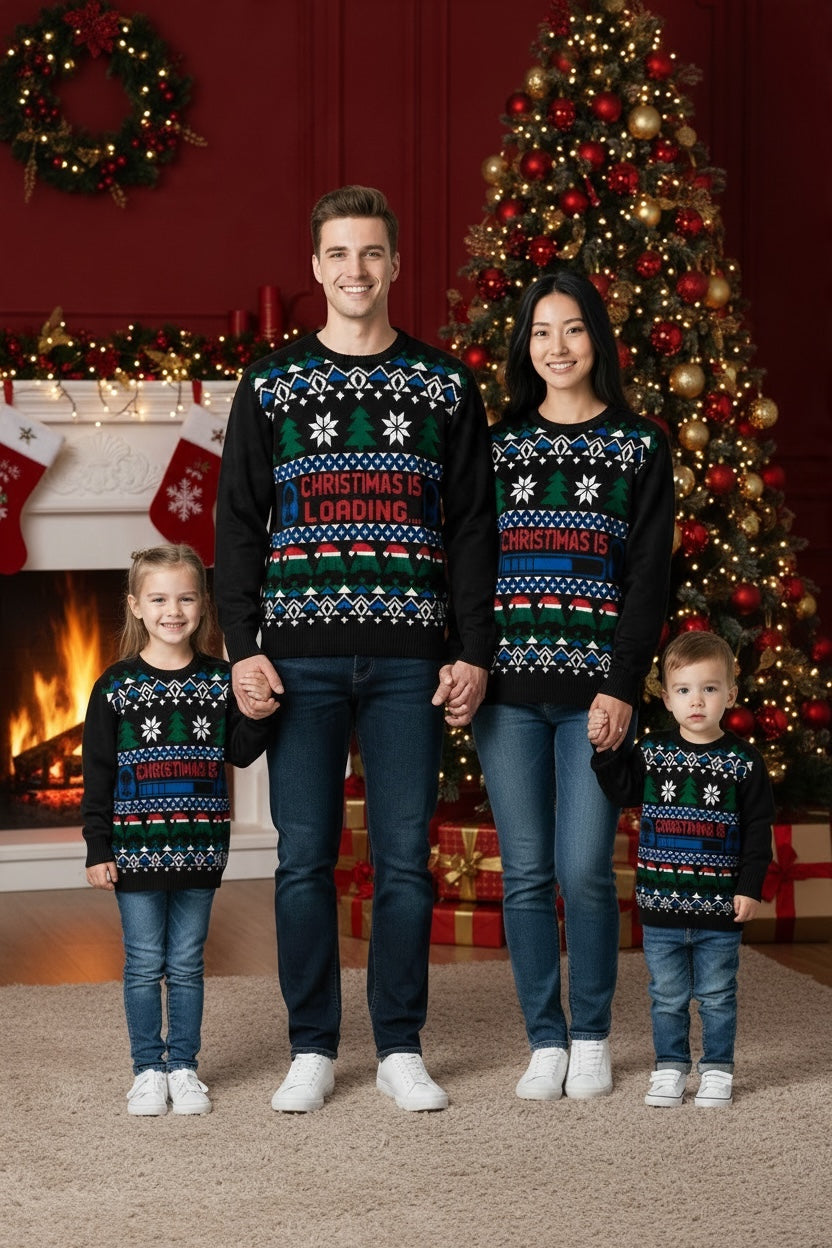 Ugly Sweater / Sueter Navideño Infantil. Frente con taza de chocolate, arbolito, regalo, muérdago y leyenda “Tis the Season”. Espalda lisa.