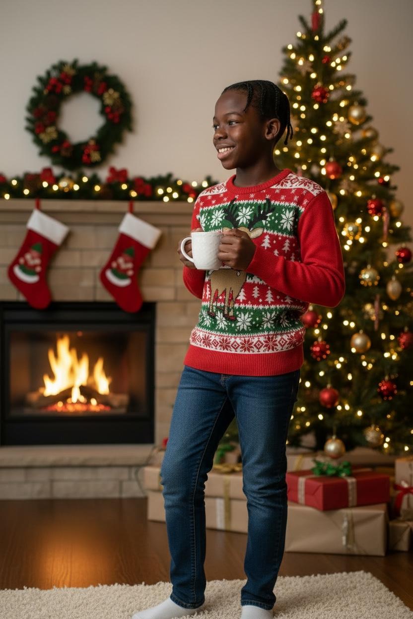Ugly Sweater / Sueter Navideño Infantil son senefas nórdicas al frente y reno al centro.