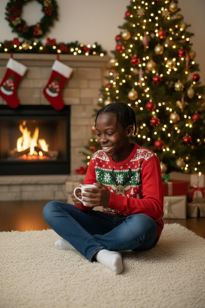 Ugly Sweater / Sueter Navideño Infantil son senefas nórdicas al frente y reno al centro.