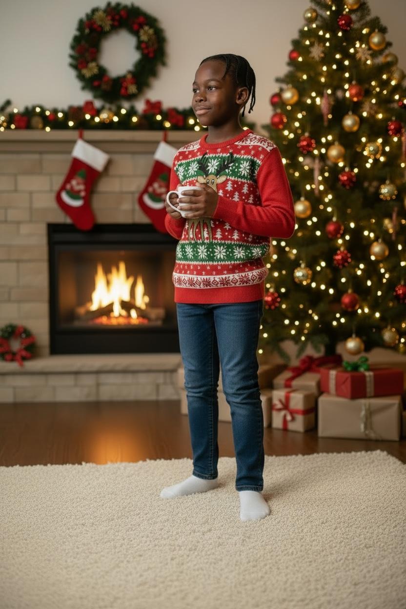 Ugly Sweater / Sueter Navideño Infantil son senefas nórdicas al frente y reno al centro.