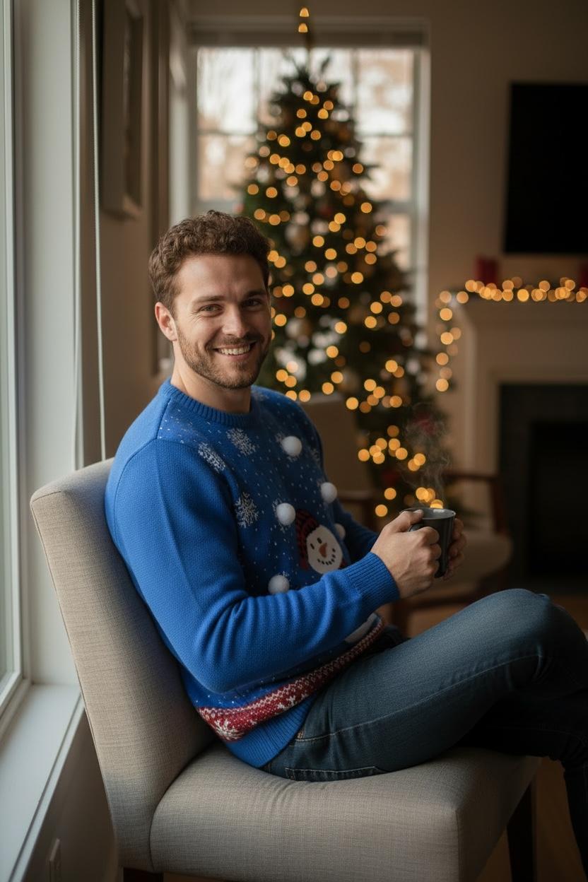 Ugly Sweater / Suéter Navideño Adulto  con muñeco de nieve al frente, copos de nieve y detalle de pompón.