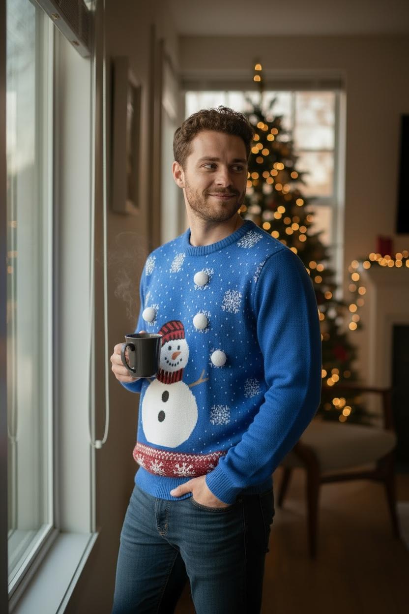 Ugly Sweater / Suéter Navideño Adulto  con muñeco de nieve al frente, copos de nieve y detalle de pompón.