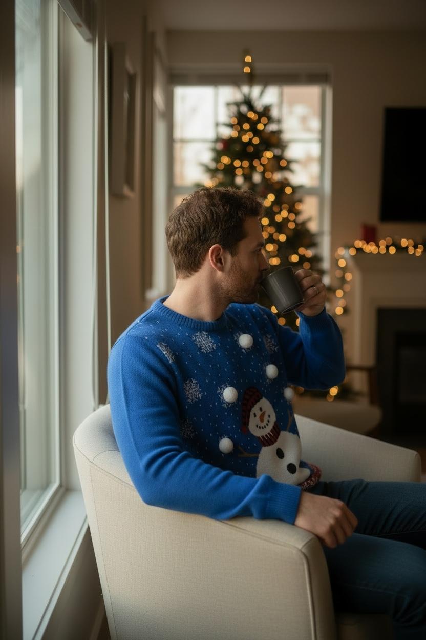 Ugly Sweater / Suéter Navideño Adulto  con muñeco de nieve al frente, copos de nieve y detalle de pompón.