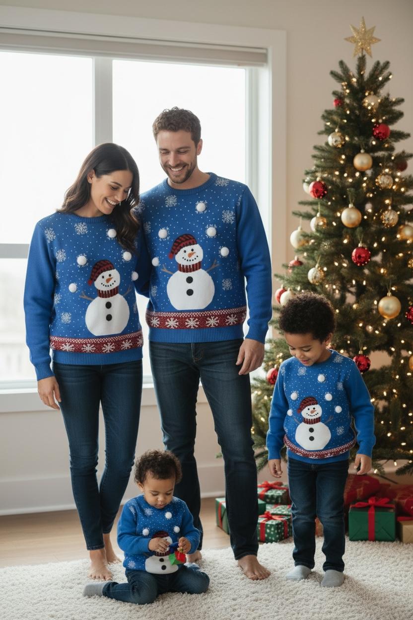 Ugly Sweater / Suéter Navideño Adulto  con muñeco de nieve al frente, copos de nieve y detalle de pompón.