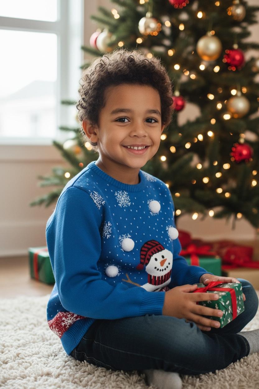 Ugly Sweater / Suéter Navideño Infantil  con muñeco de nieve al frente, copos de nieve y detalle de pompón.