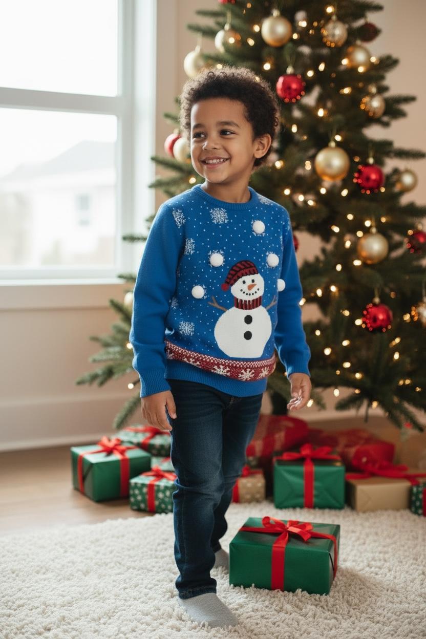Ugly Sweater / Suéter Navideño Infantil  con muñeco de nieve al frente, copos de nieve y detalle de pompón.