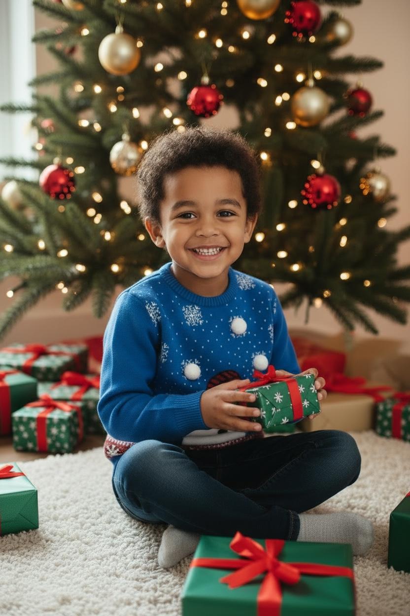 Ugly Sweater / Suéter Navideño Infantil  con muñeco de nieve al frente, copos de nieve y detalle de pompón.