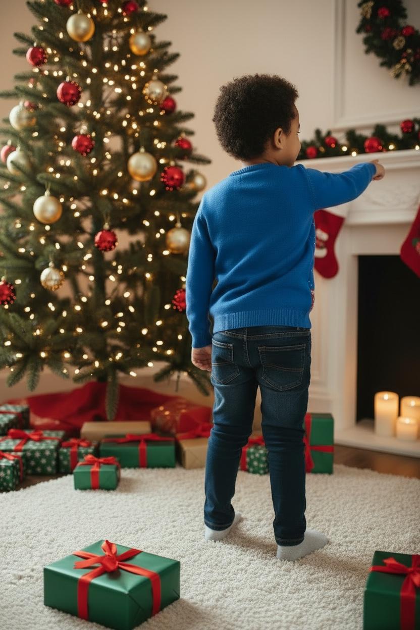 Ugly Sweater / Suéter Navideño Infantil  con muñeco de nieve al frente, copos de nieve y detalle de pompón.
