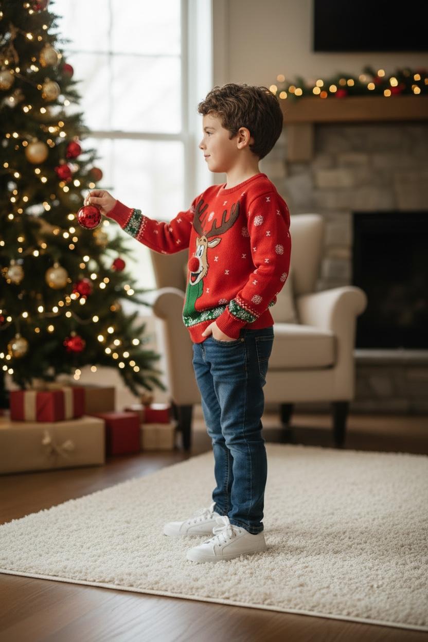 Ugly Sweater / Suéter Navideño infantil frente con reno y nariz de pompón.