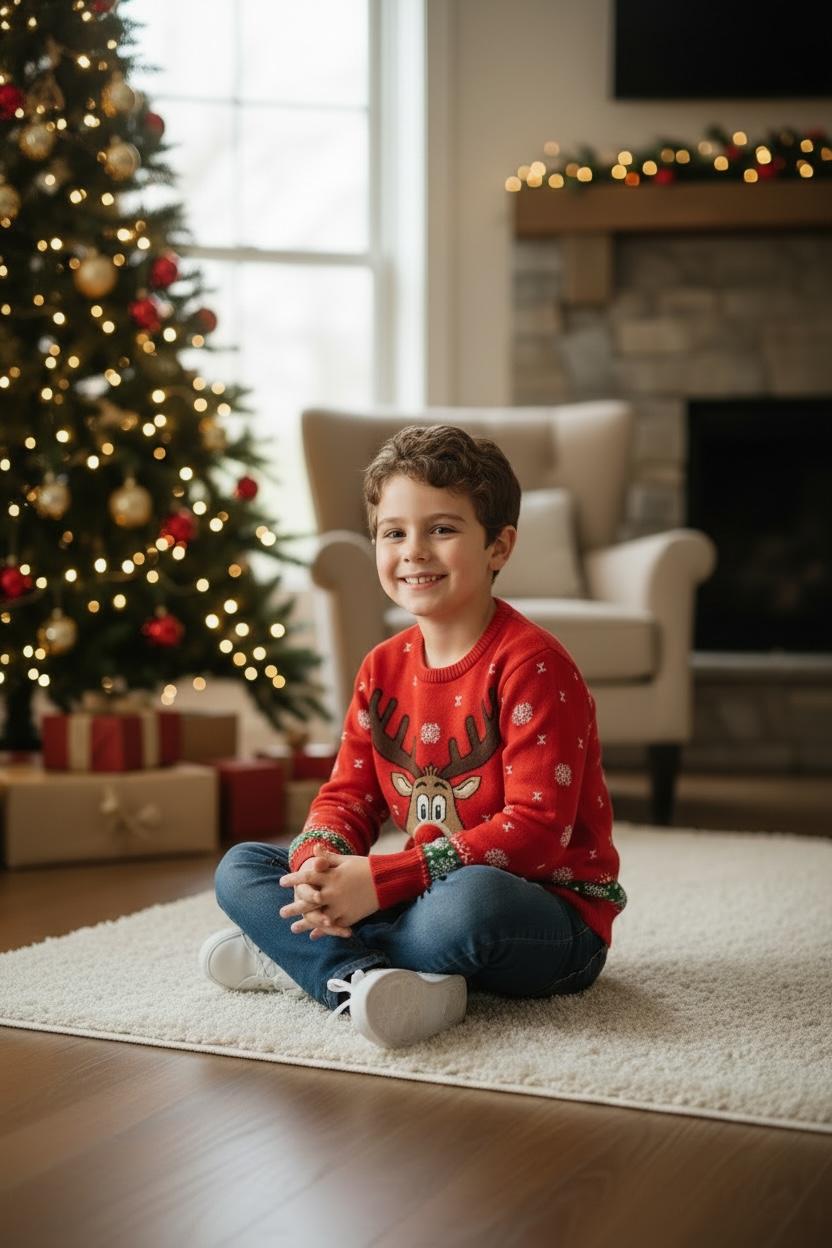 Ugly Sweater / Suéter Navideño infantil frente con reno y nariz de pompón.