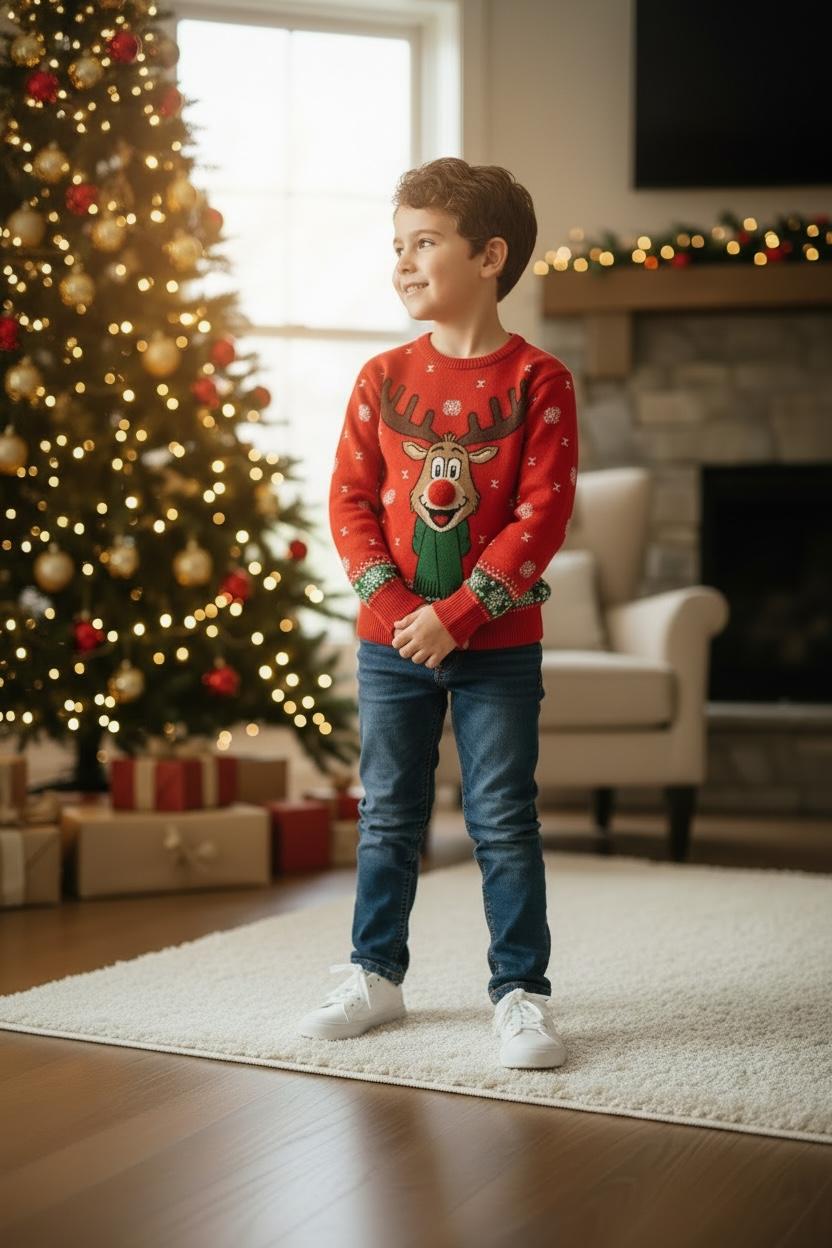 Ugly Sweater / Suéter Navideño infantil frente con reno y nariz de pompón.