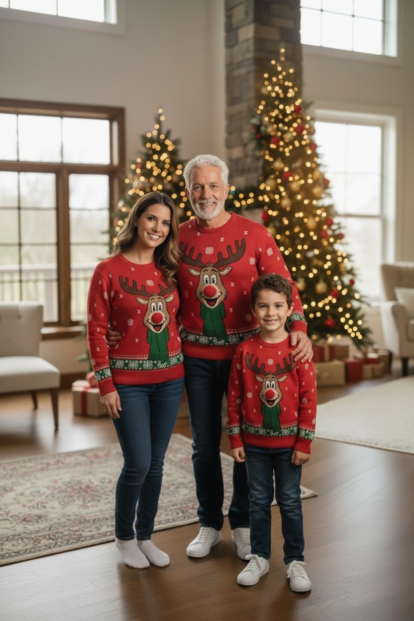 Ugly Sweater / Suéter Navideño infantil frente con reno y nariz de pompón.