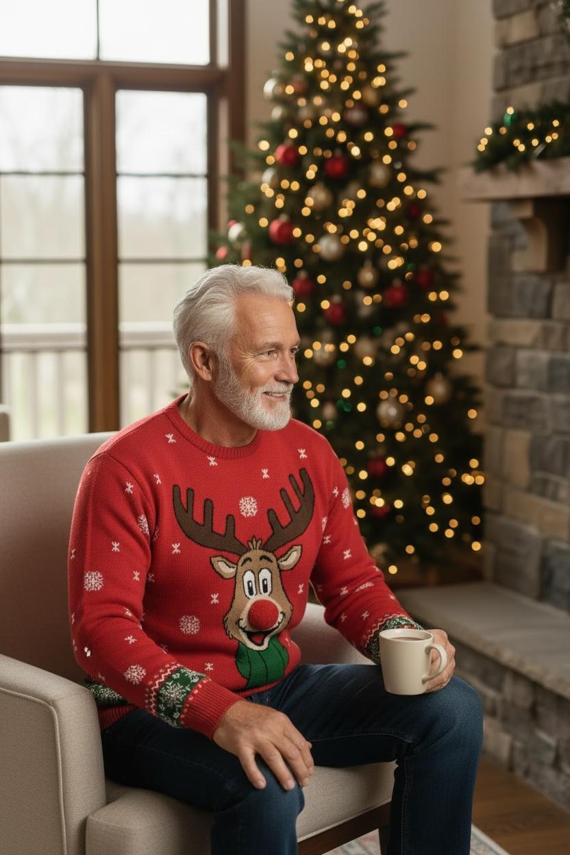 Ugly Sweater / Sueter Navideño Adulto frente con reno con bufanda y pompón.