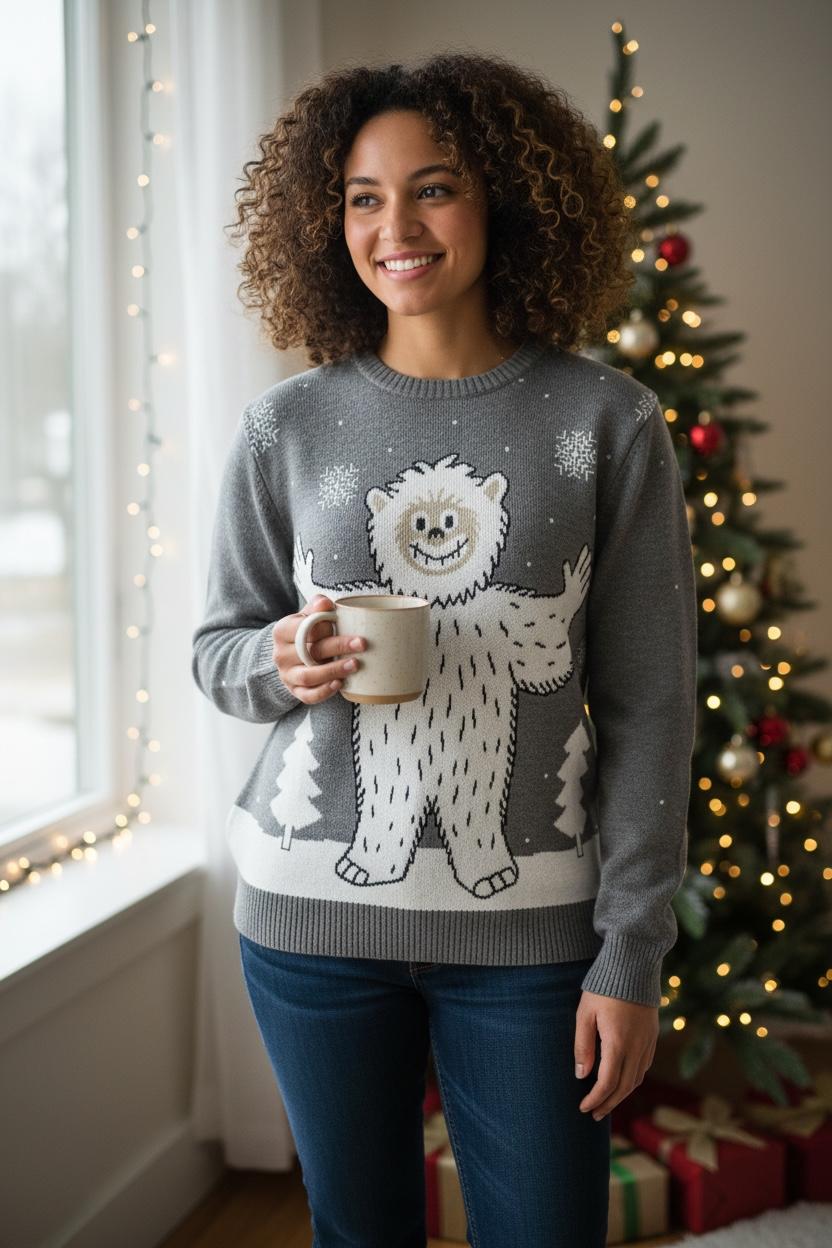 Ugly Sweater/ Suéter Navideño Adulto con paisaje nevado y yeti