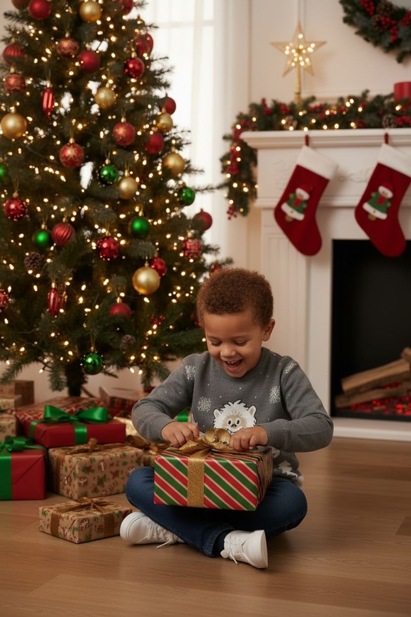 Ugly Sweater / Suéter Navideño  infantil con paisaje nevado y yeti al frente.