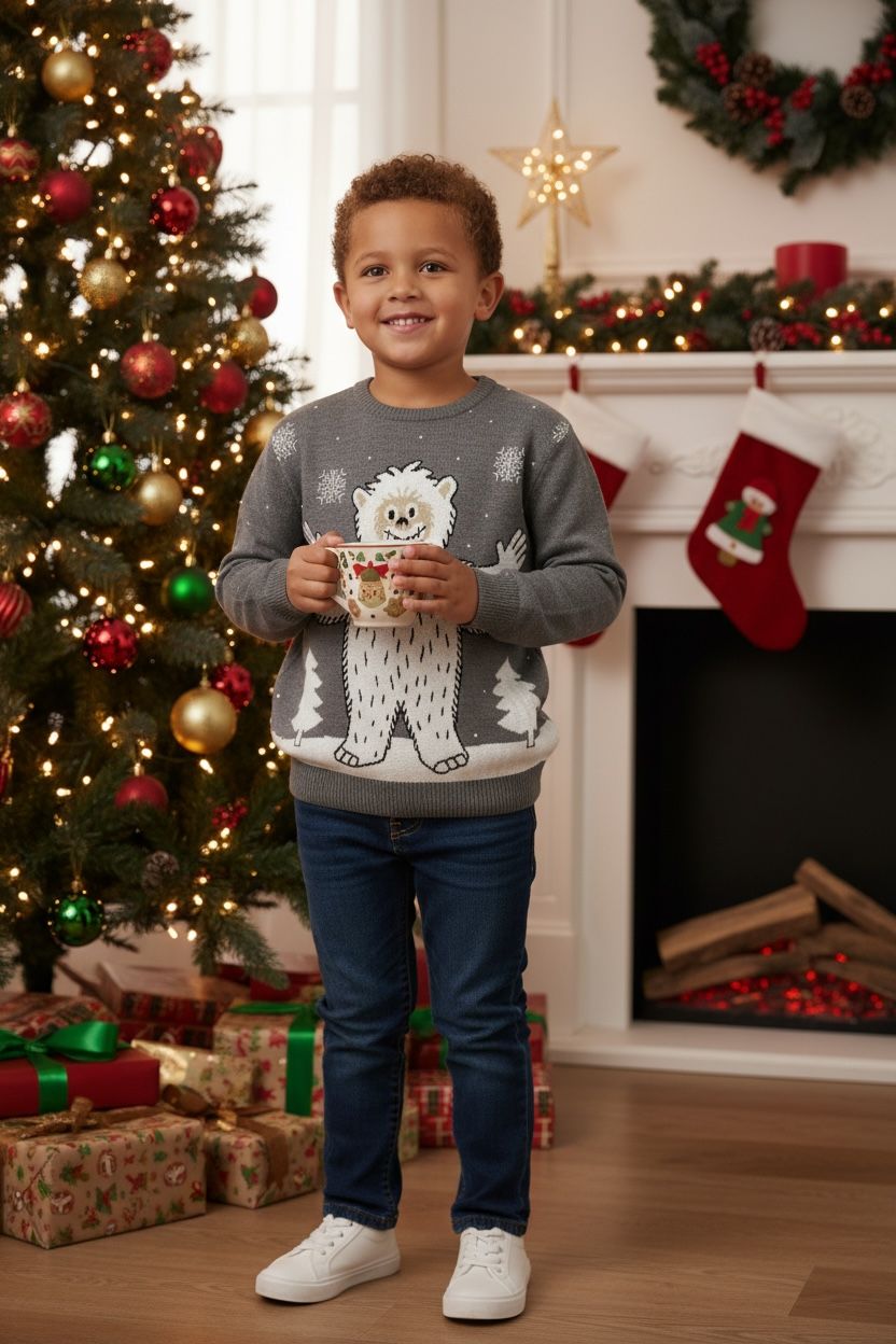 Ugly Sweater / Suéter Navideño  infantil con paisaje nevado y yeti al frente.