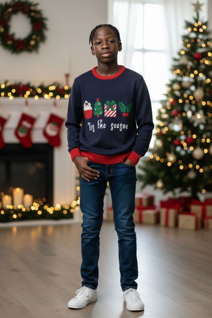 Ugly Sweater / Sueter Navideño Infantil. Frente con taza de chocolate, arbolito, regalo, muérdago y leyenda “Tis the Season”. Espalda lisa.