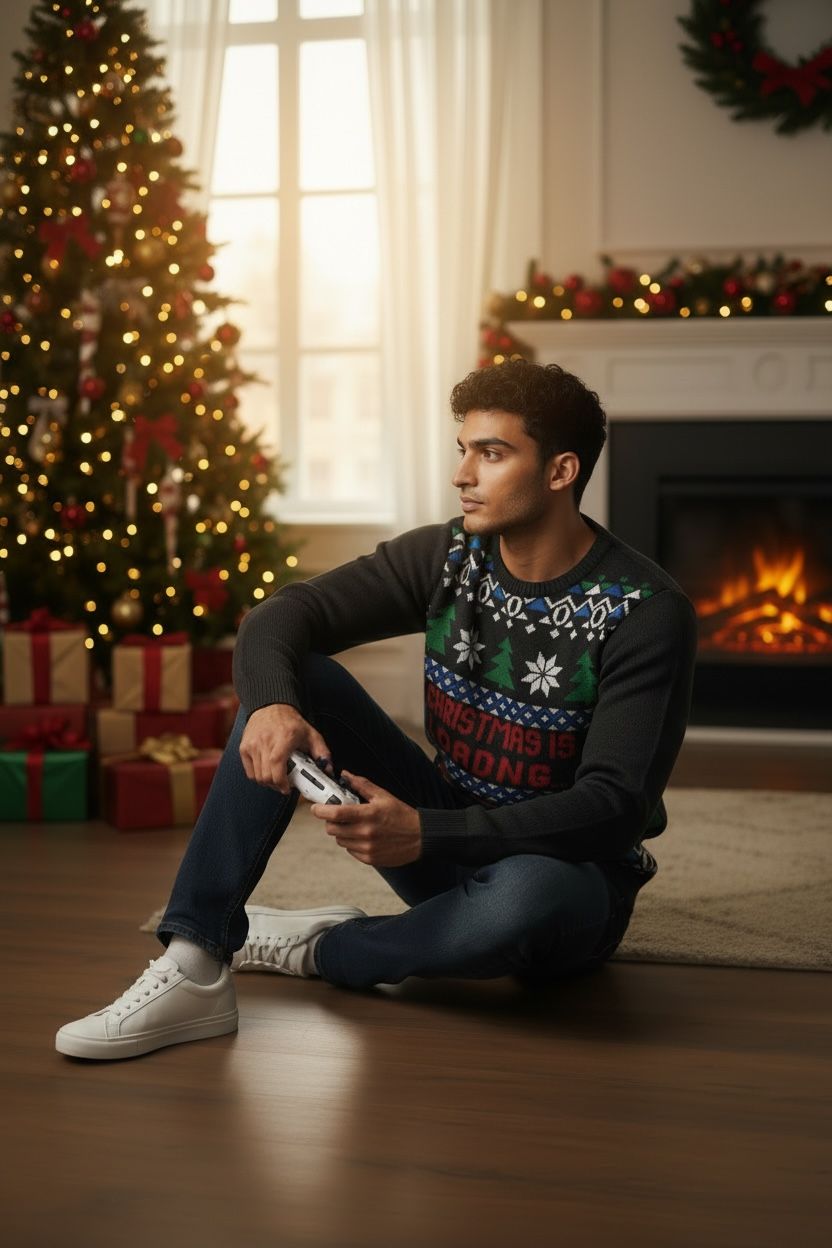 Ugly Sweater /Suéter navideño Adulto. Frente con dibujos gamer navideños y letrero “Christmas is Loading”.