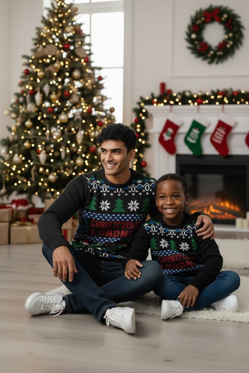 Ugly Sweater /Suéter navideño Adulto. Frente con dibujos gamer navideños y letrero “Christmas is Loading”.