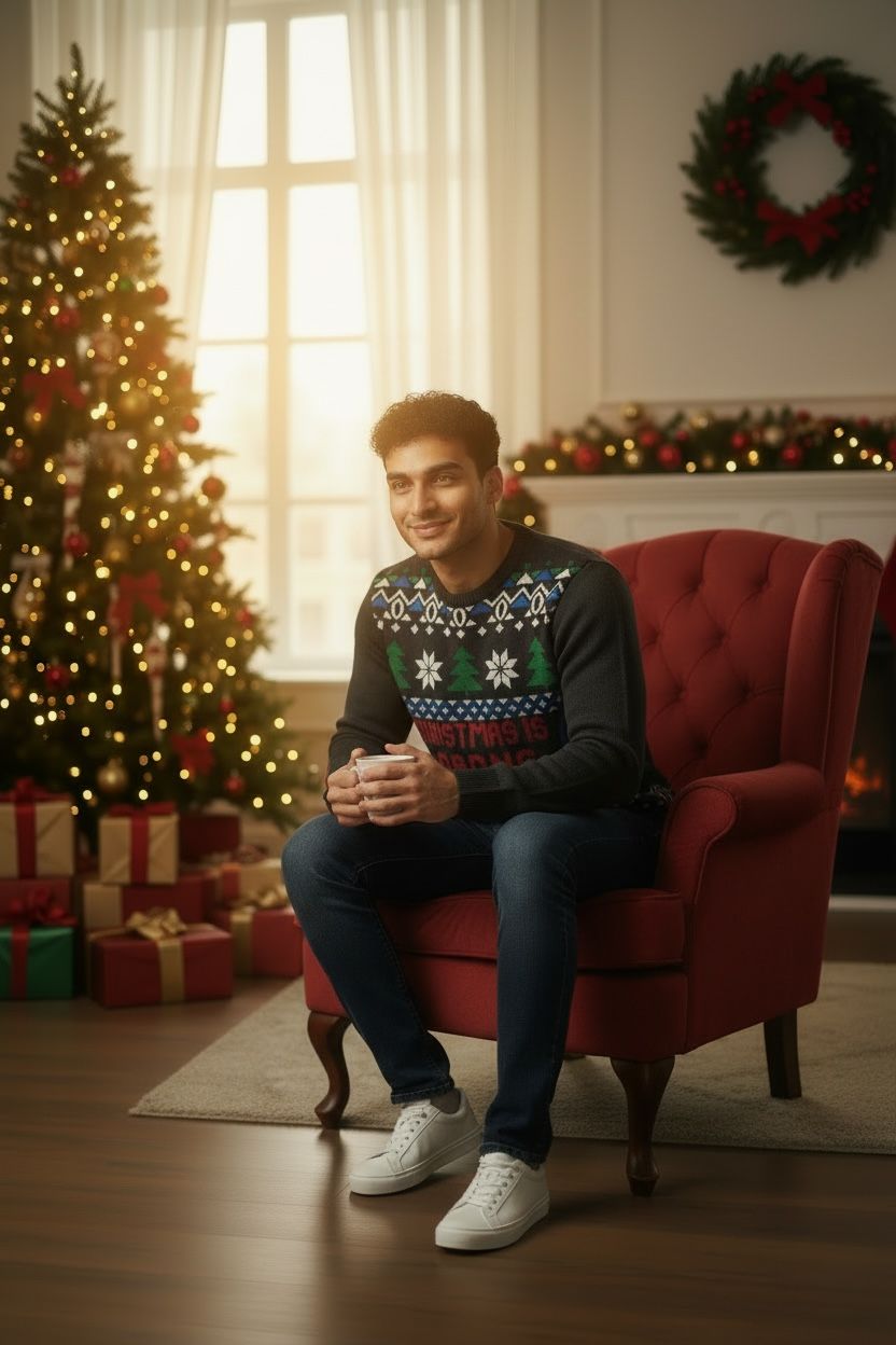 Ugly Sweater /Suéter navideño Adulto. Frente con dibujos gamer navideños y letrero “Christmas is Loading”.