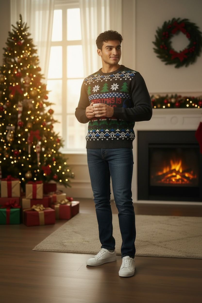 Ugly Sweater /Suéter navideño Adulto. Frente con dibujos gamer navideños y letrero “Christmas is Loading”.
