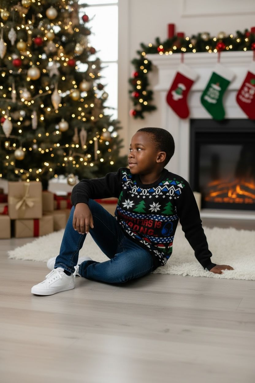 Ugly Sweater / Sueter Navideño Infantil  Frente con dibujos gamer navideños y letrero “Christmas is Loading”.