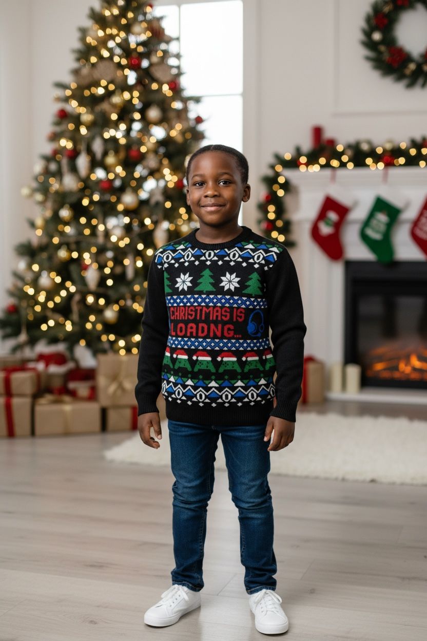 Ugly Sweater / Sueter Navideño Infantil  Frente con dibujos gamer navideños y letrero “Christmas is Loading”.