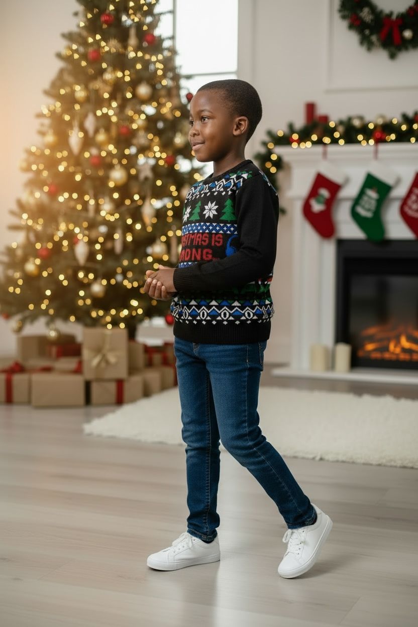 Ugly Sweater / Sueter Navideño Infantil  Frente con dibujos gamer navideños y letrero “Christmas is Loading”.