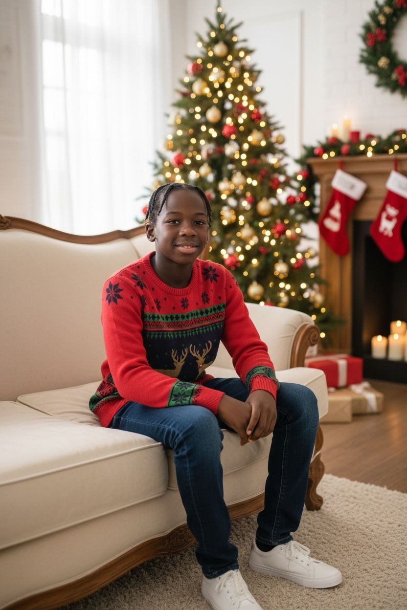 Ugly Sweater / Sueter Navideño Infantil con cenefas nórdicas y renos al centro.