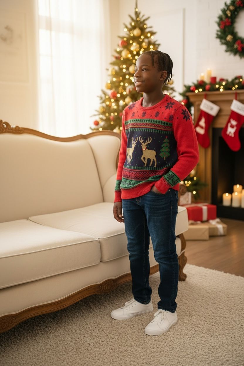 Ugly Sweater / Sueter Navideño Infantil con cenefas nórdicas y renos al centro.