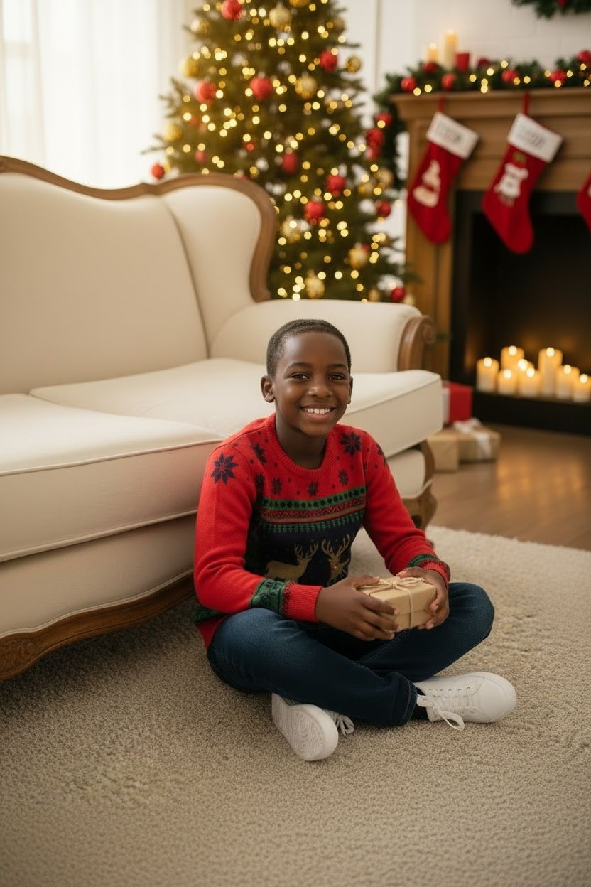 Ugly Sweater / Sueter Navideño Infantil con cenefas nórdicas y renos al centro.
