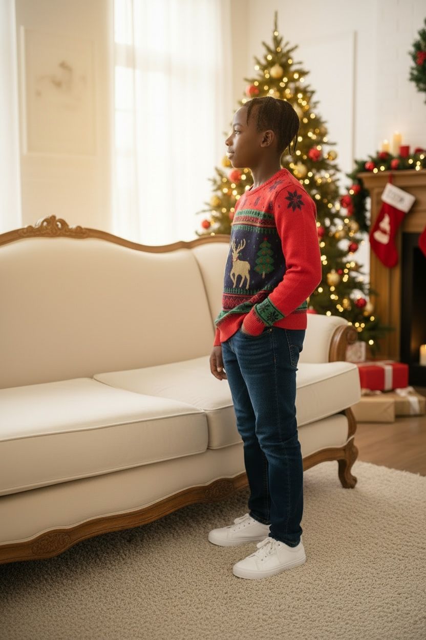 Ugly Sweater / Sueter Navideño Infantil con cenefas nórdicas y renos al centro.