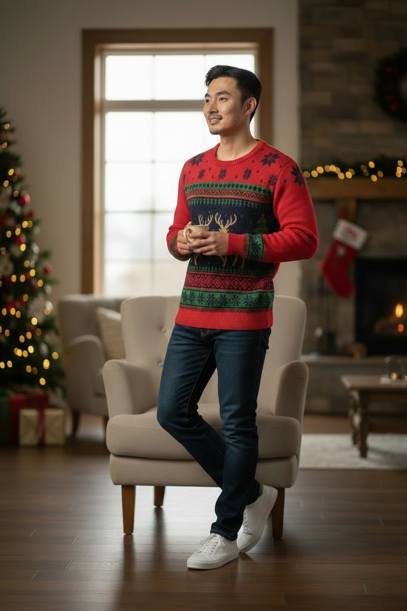 Ugly Sweater / Sueter Navideño Adulto con cenefas nórdicas y renos al centro.