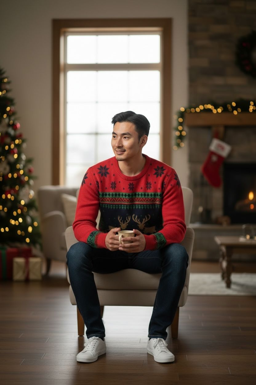 Ugly Sweater / Sueter Navideño Adulto con cenefas nórdicas y renos al centro.