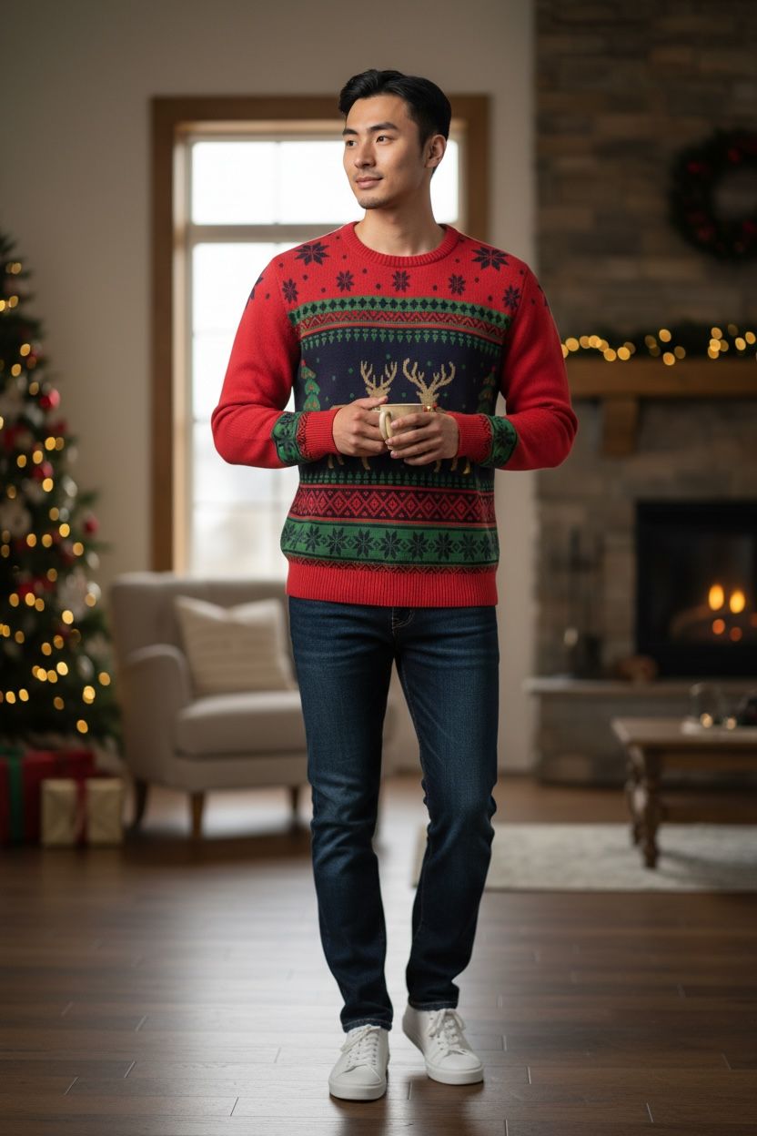 Ugly Sweater / Sueter Navideño Adulto con cenefas nórdicas y renos al centro.