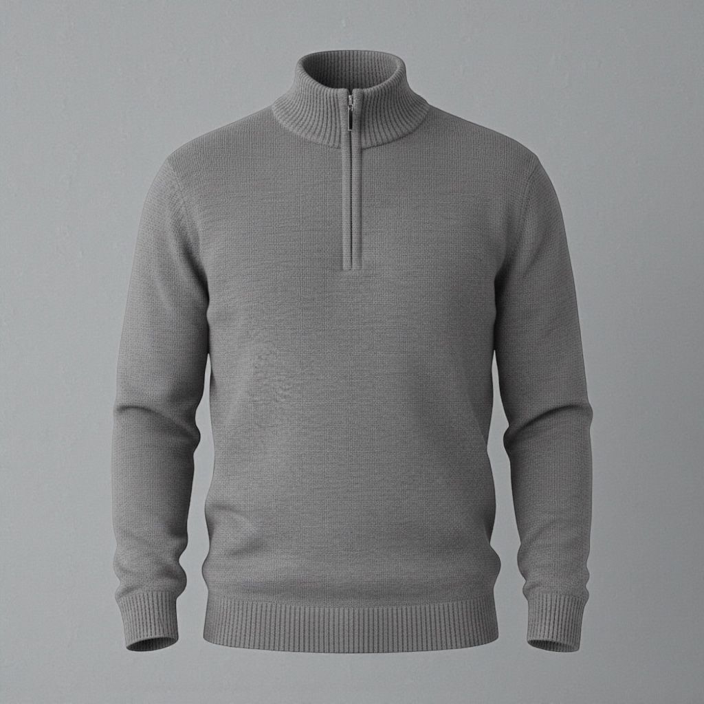 9932 Suéter de cuello alto con medio cierre y diseño completamente liso.