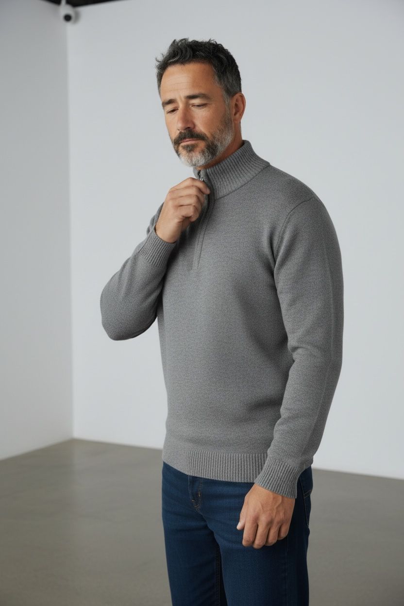 9932 Suéter de cuello alto con medio cierre y diseño completamente liso.