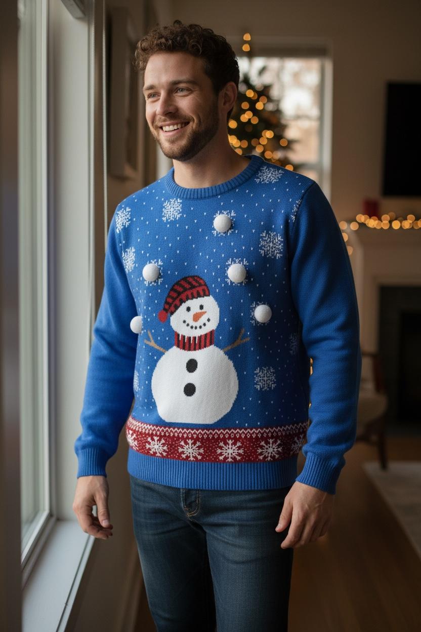 Ugly Sweater / Suéter Navideño Adulto  con muñeco de nieve al frente, copos de nieve y detalle de pompón.